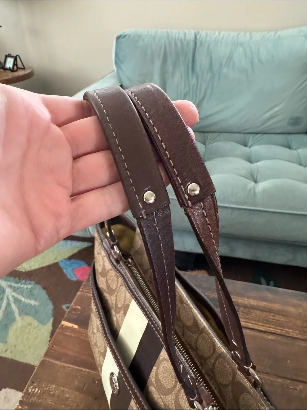 Coach Signature Heritage Stripe Brown, White, & Yellow Tote Bag